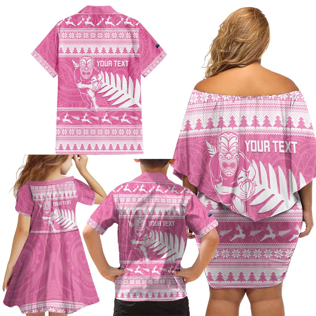 New Zealand Christmas Rugby Personalised Family Matching Off Shoulder Short Dress and Hawaiian Shirt Meri Kirihimete All Black Maori Pink Version - Aussie Hoodie