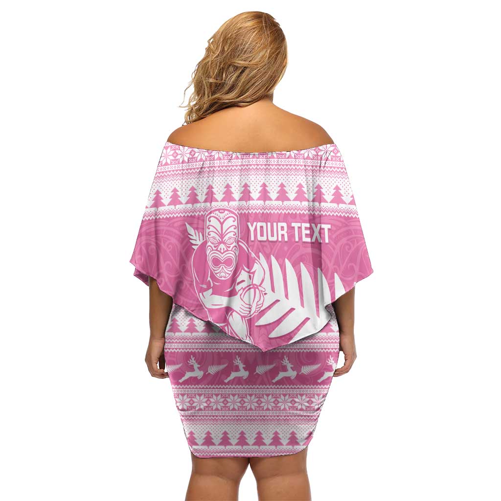 New Zealand Christmas Rugby Personalised Family Matching Off Shoulder Short Dress and Hawaiian Shirt Meri Kirihimete All Black Maori Pink Version - Aussie Hoodie