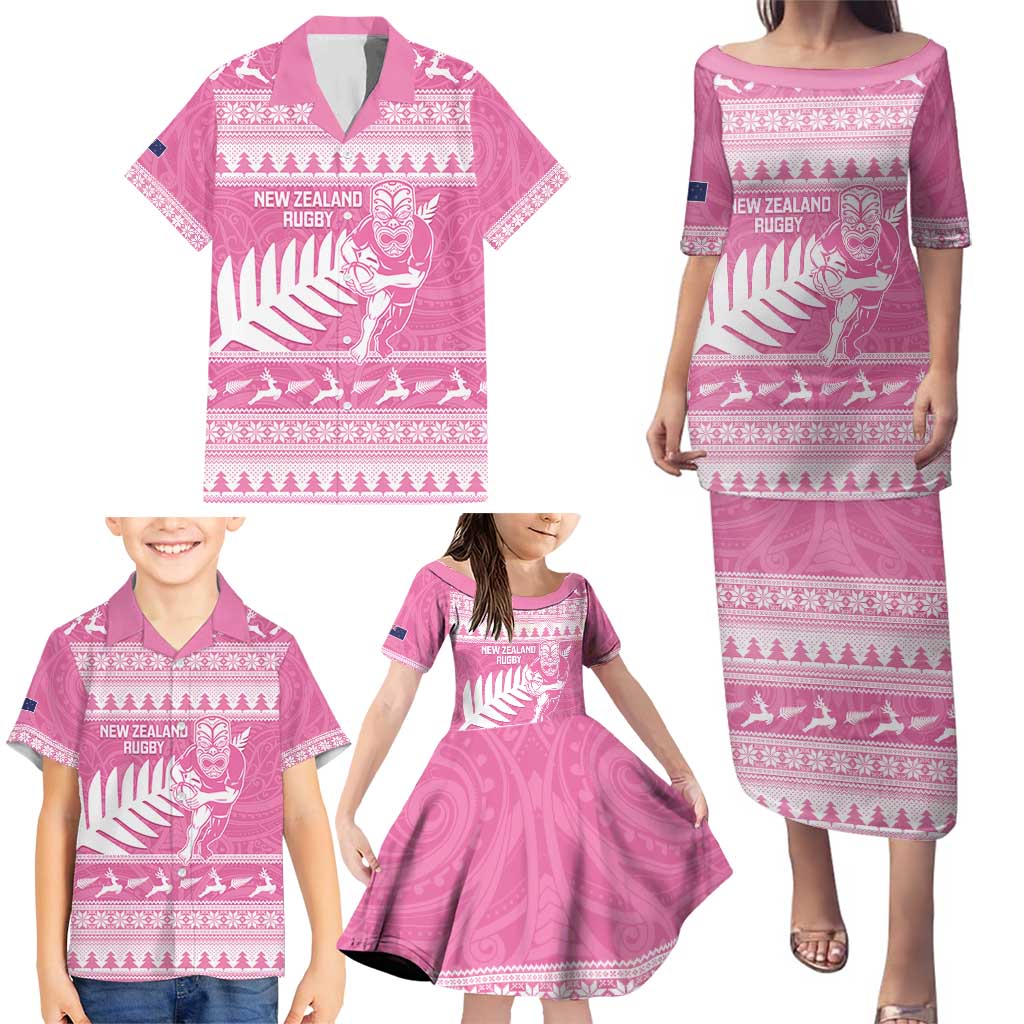 New Zealand Christmas Rugby Personalised Family Matching Puletasi and Hawaiian Shirt Meri Kirihimete All Black Maori Pink Version - Aussie Hoodie