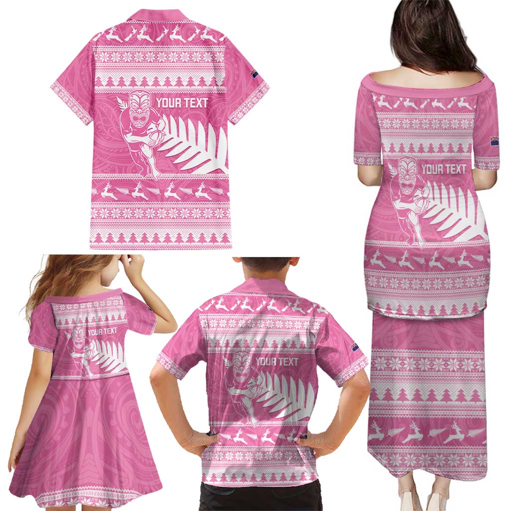 New Zealand Christmas Rugby Personalised Family Matching Puletasi and Hawaiian Shirt Meri Kirihimete All Black Maori Pink Version - Aussie Hoodie