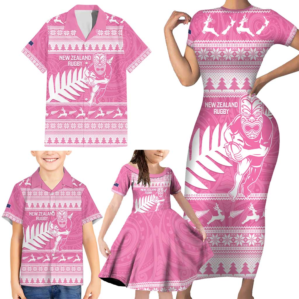 New Zealand Christmas Rugby Personalised Family Matching Short Sleeve Bodycon Dress and Hawaiian Shirt Meri Kirihimete All Black Maori Pink Version - Aussie Hoodie