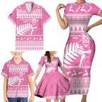 New Zealand Christmas Rugby Personalised Family Matching Short Sleeve Bodycon Dress and Hawaiian Shirt Meri Kirihimete All Black Maori Pink Version - Aussie Hoodie