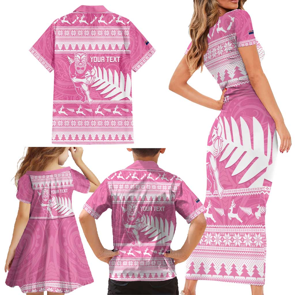 New Zealand Christmas Rugby Personalised Family Matching Short Sleeve Bodycon Dress and Hawaiian Shirt Meri Kirihimete All Black Maori Pink Version - Aussie Hoodie