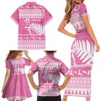 New Zealand Christmas Rugby Personalised Family Matching Short Sleeve Bodycon Dress and Hawaiian Shirt Meri Kirihimete All Black Maori Pink Version - Aussie Hoodie