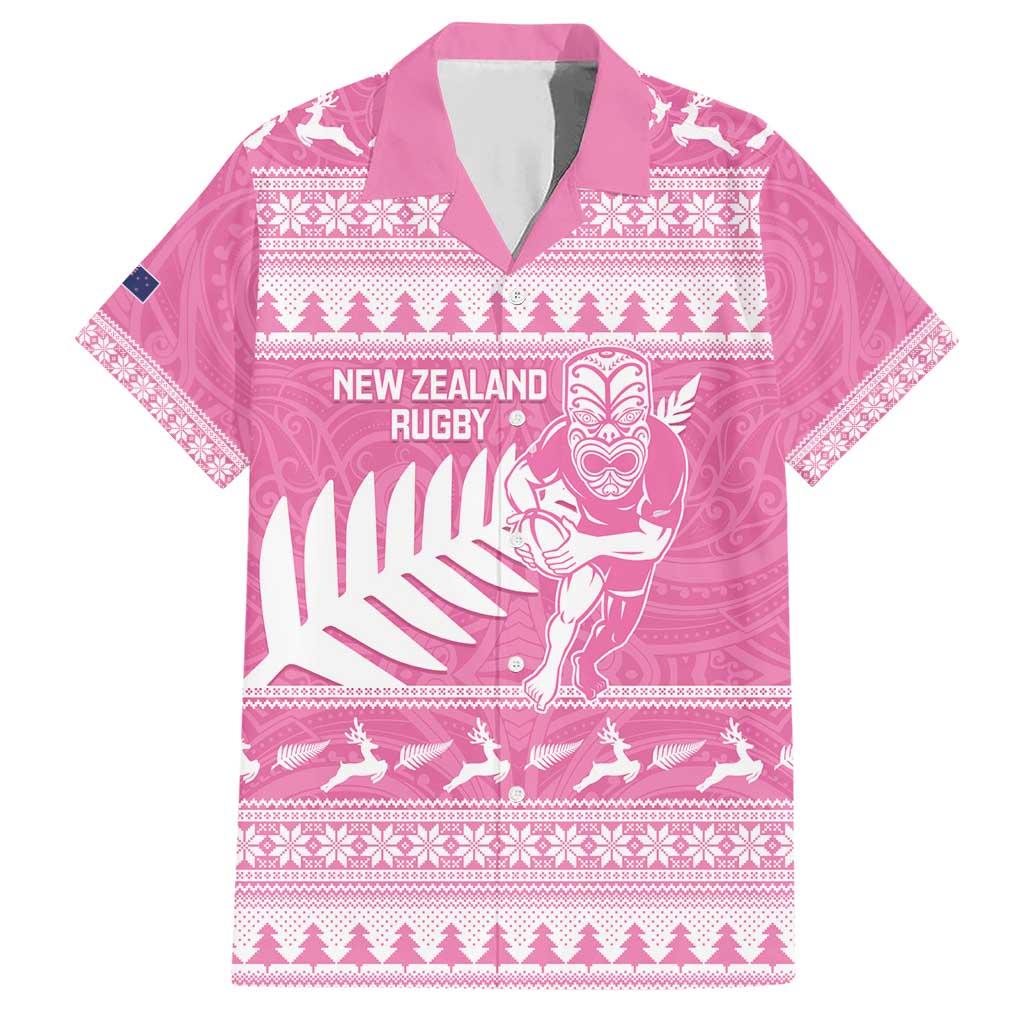 New Zealand Christmas Rugby Personalised Family Matching Short Sleeve Bodycon Dress and Hawaiian Shirt Meri Kirihimete All Black Maori Pink Version - Aussie Hoodie