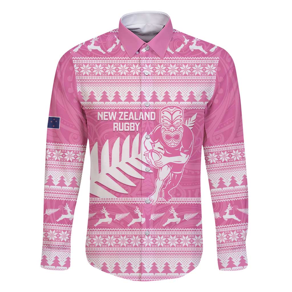 New Zealand Christmas Rugby Personalised Family Matching Short Sleeve Bodycon Dress and Hawaiian Shirt Meri Kirihimete All Black Maori Pink Version - Aussie Hoodie