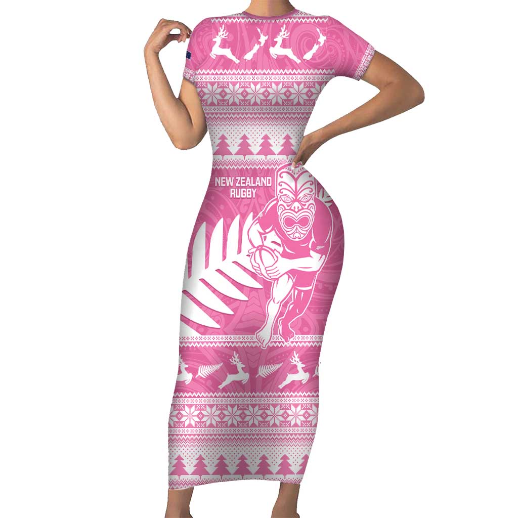 New Zealand Christmas Rugby Personalised Family Matching Short Sleeve Bodycon Dress and Hawaiian Shirt Meri Kirihimete All Black Maori Pink Version - Aussie Hoodie