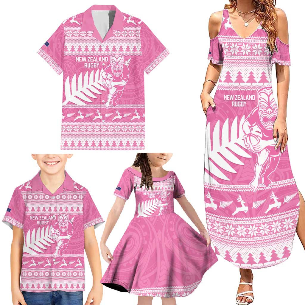 New Zealand Christmas Rugby Personalised Family Matching Summer Maxi Dress and Hawaiian Shirt Meri Kirihimete All Black Maori Pink Version - Aussie Hoodie
