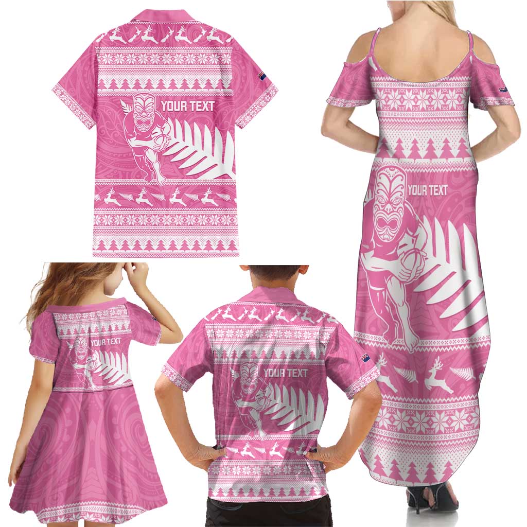 New Zealand Christmas Rugby Personalised Family Matching Summer Maxi Dress and Hawaiian Shirt Meri Kirihimete All Black Maori Pink Version - Aussie Hoodie