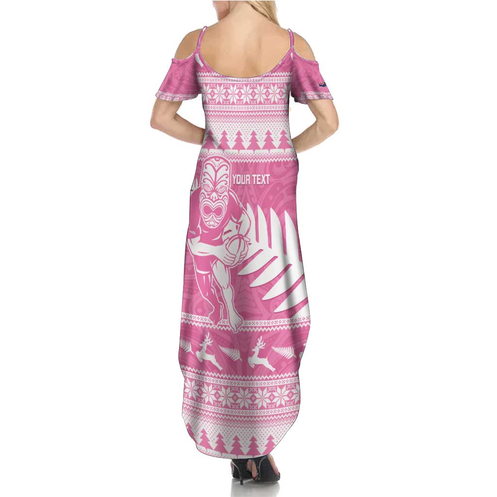 New Zealand Christmas Rugby Personalised Family Matching Summer Maxi Dress and Hawaiian Shirt Meri Kirihimete All Black Maori Pink Version - Aussie Hoodie