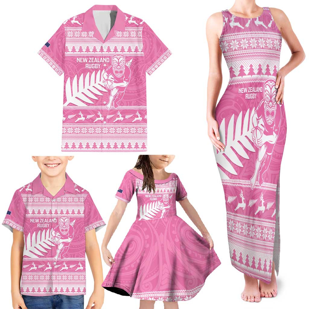New Zealand Christmas Rugby Personalised Family Matching Tank Maxi Dress and Hawaiian Shirt Meri Kirihimete All Black Maori Pink Version - Aussie Hoodie