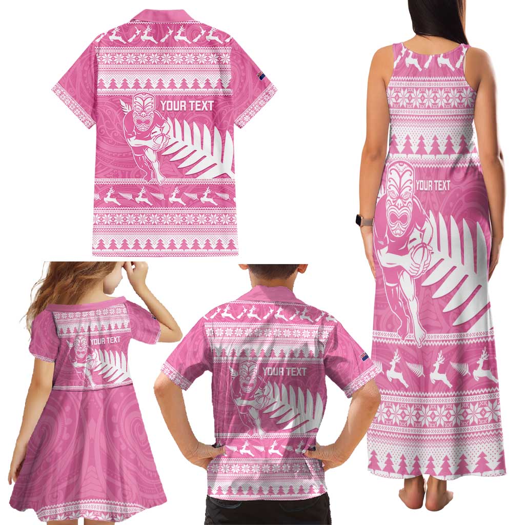 New Zealand Christmas Rugby Personalised Family Matching Tank Maxi Dress and Hawaiian Shirt Meri Kirihimete All Black Maori Pink Version - Aussie Hoodie