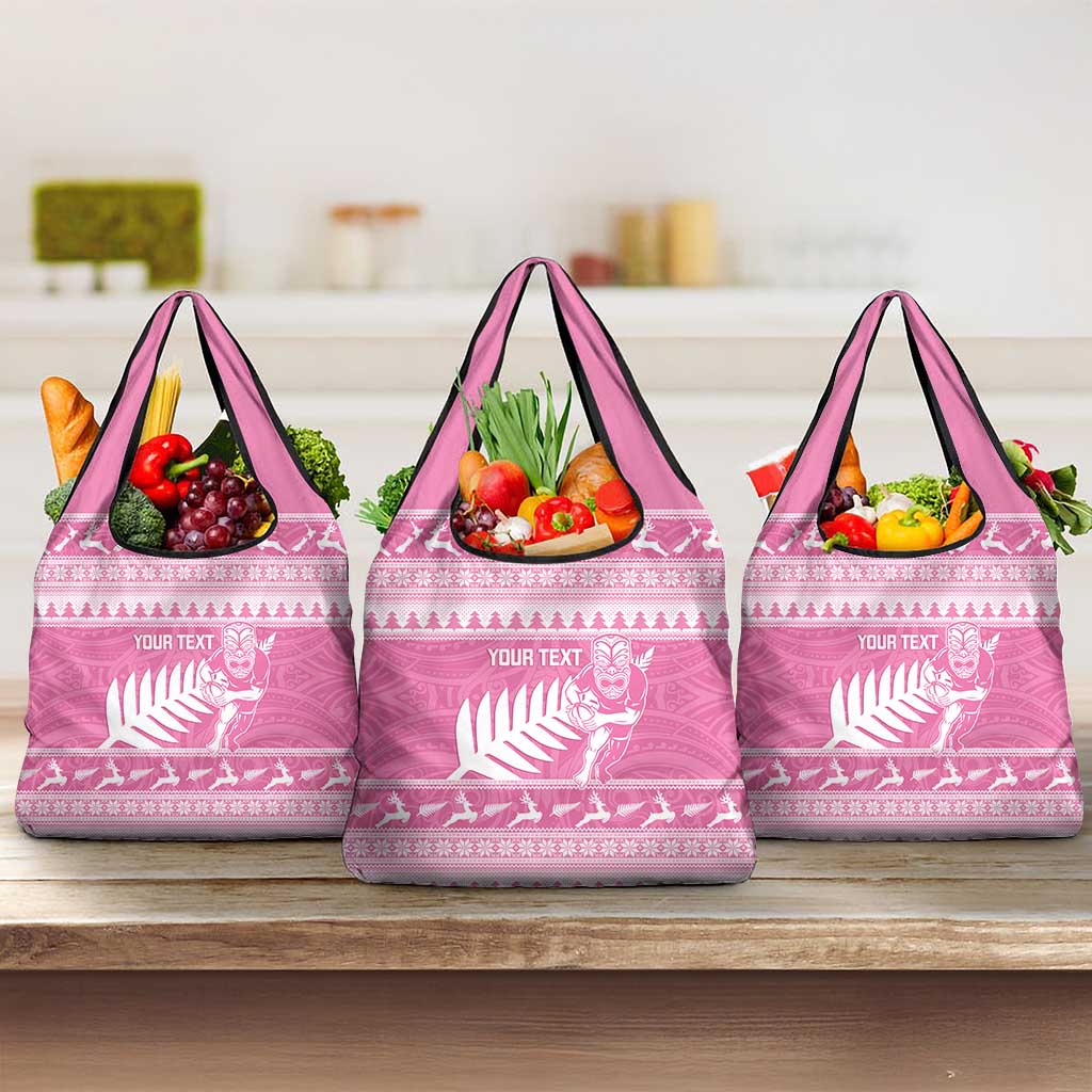 New Zealand Christmas Rugby Personalised Grocery Bag Meri Kirihimete All Black Maori Pink Version - Aussie Hoodie