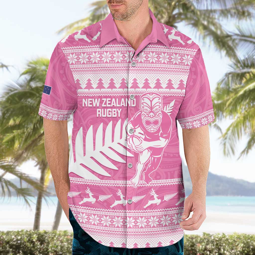 New Zealand Christmas Rugby Personalised Hawaiian Shirt Meri Kirihimete All Black Maori Pink Version - Aussie Hoodie