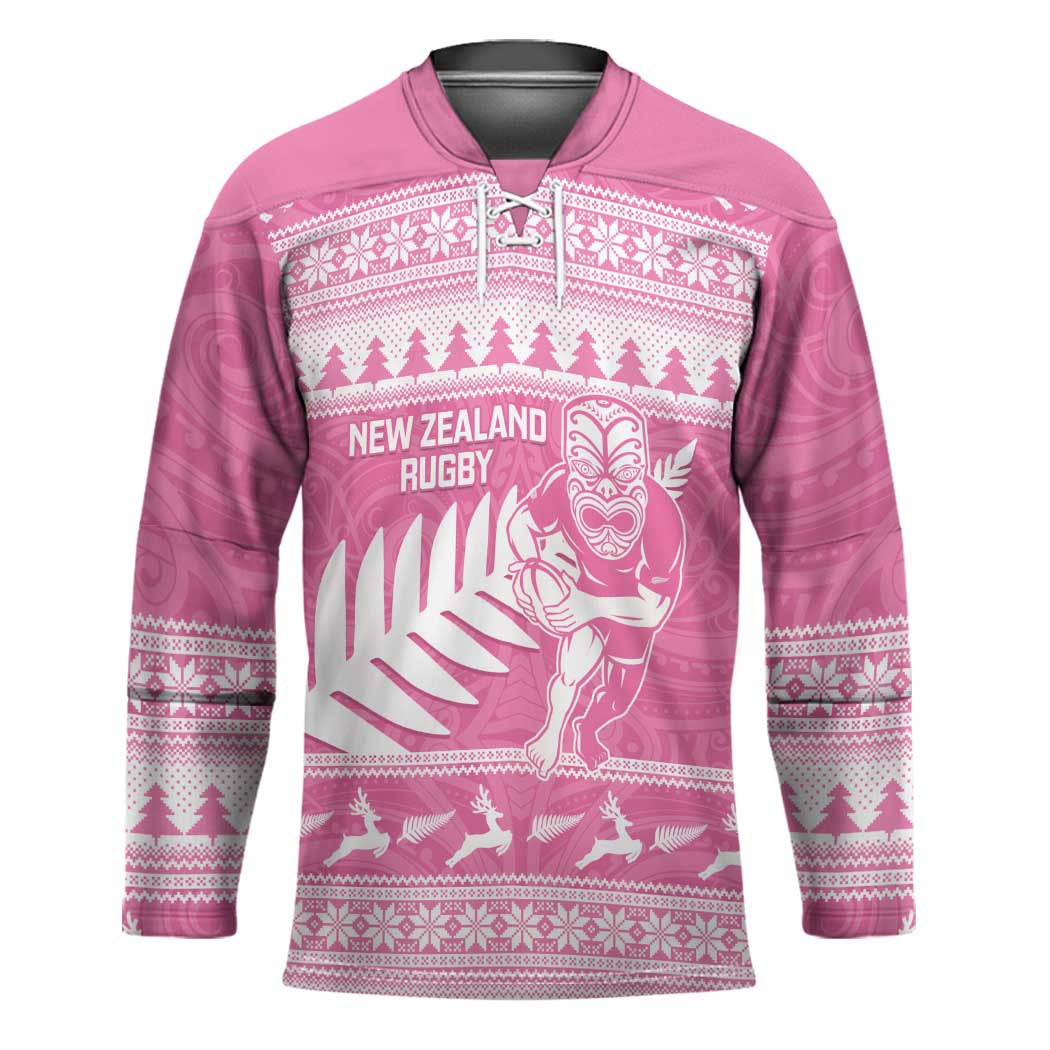 New Zealand Christmas Rugby Personalised Hockey Jersey Meri Kirihimete All Black Maori Pink Version - Aussie Hoodie