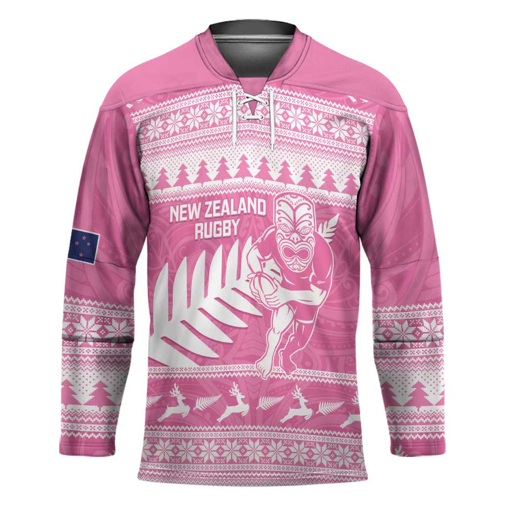New Zealand Christmas Rugby Personalised Hockey Jersey Meri Kirihimete All Black Maori Pink Version - Aussie Hoodie