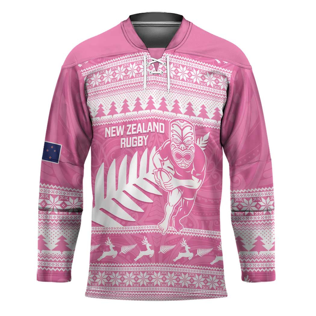 New Zealand Christmas Rugby Personalised Hockey Jersey Meri Kirihimete All Black Maori Pink Version - Aussie Hoodie
