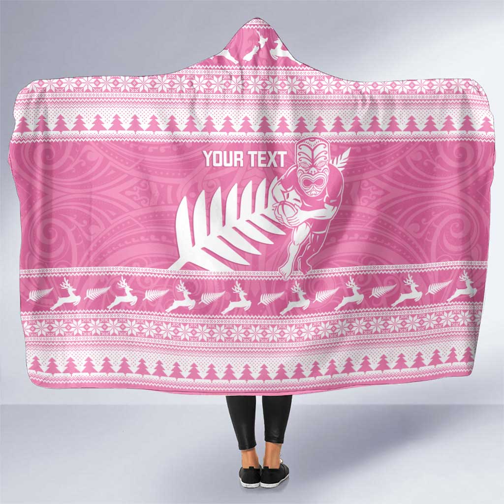 New Zealand Christmas Rugby Personalised Hooded Blanket Meri Kirihimete All Black Maori Pink Version - Aussie Hoodie