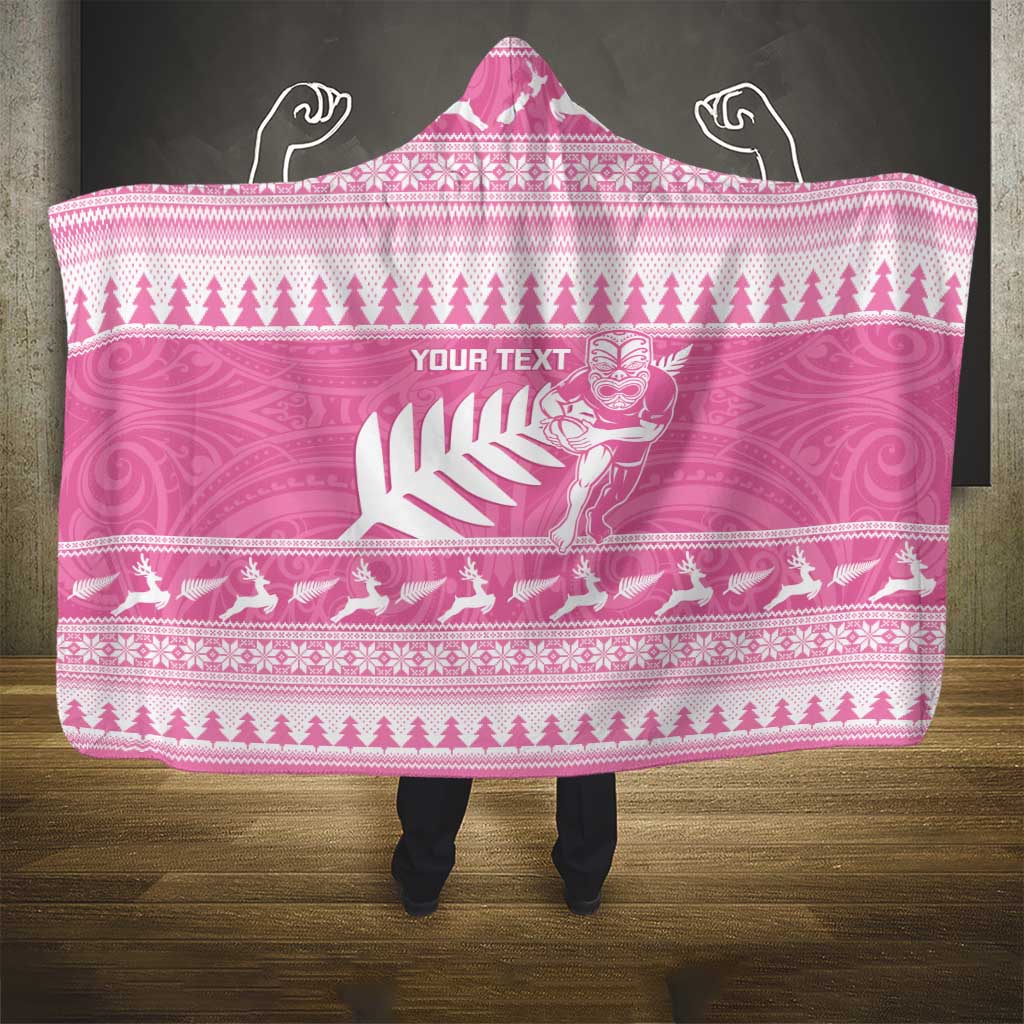 New Zealand Christmas Rugby Personalised Hooded Blanket Meri Kirihimete All Black Maori Pink Version - Aussie Hoodie