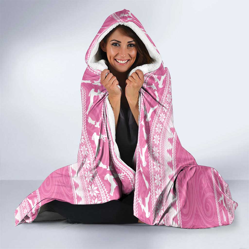 New Zealand Christmas Rugby Personalised Hooded Blanket Meri Kirihimete All Black Maori Pink Version - Aussie Hoodie
