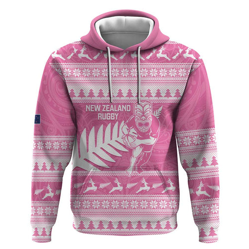 New Zealand Christmas Rugby Personalised Hoodie Meri Kirihimete All Black Maori Pink Version - Aussie Hoodie