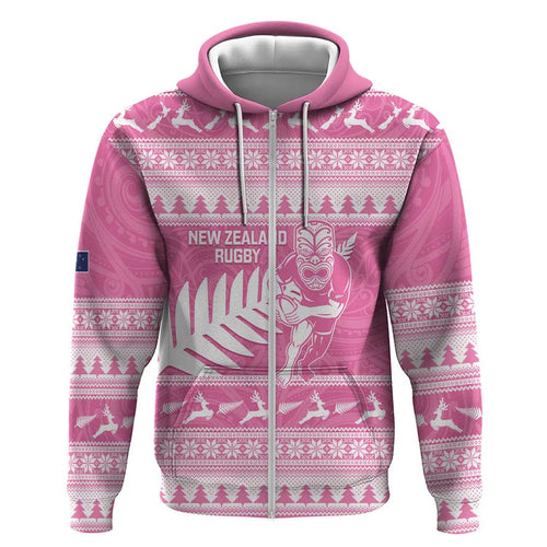 New Zealand Christmas Rugby Personalised Hoodie Meri Kirihimete All Black Maori Pink Version - Aussie Hoodie