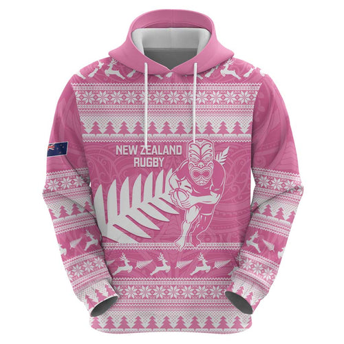 New Zealand Christmas Rugby Personalised Hoodie Meri Kirihimete All Black Maori Pink Version - Aussie Hoodie
