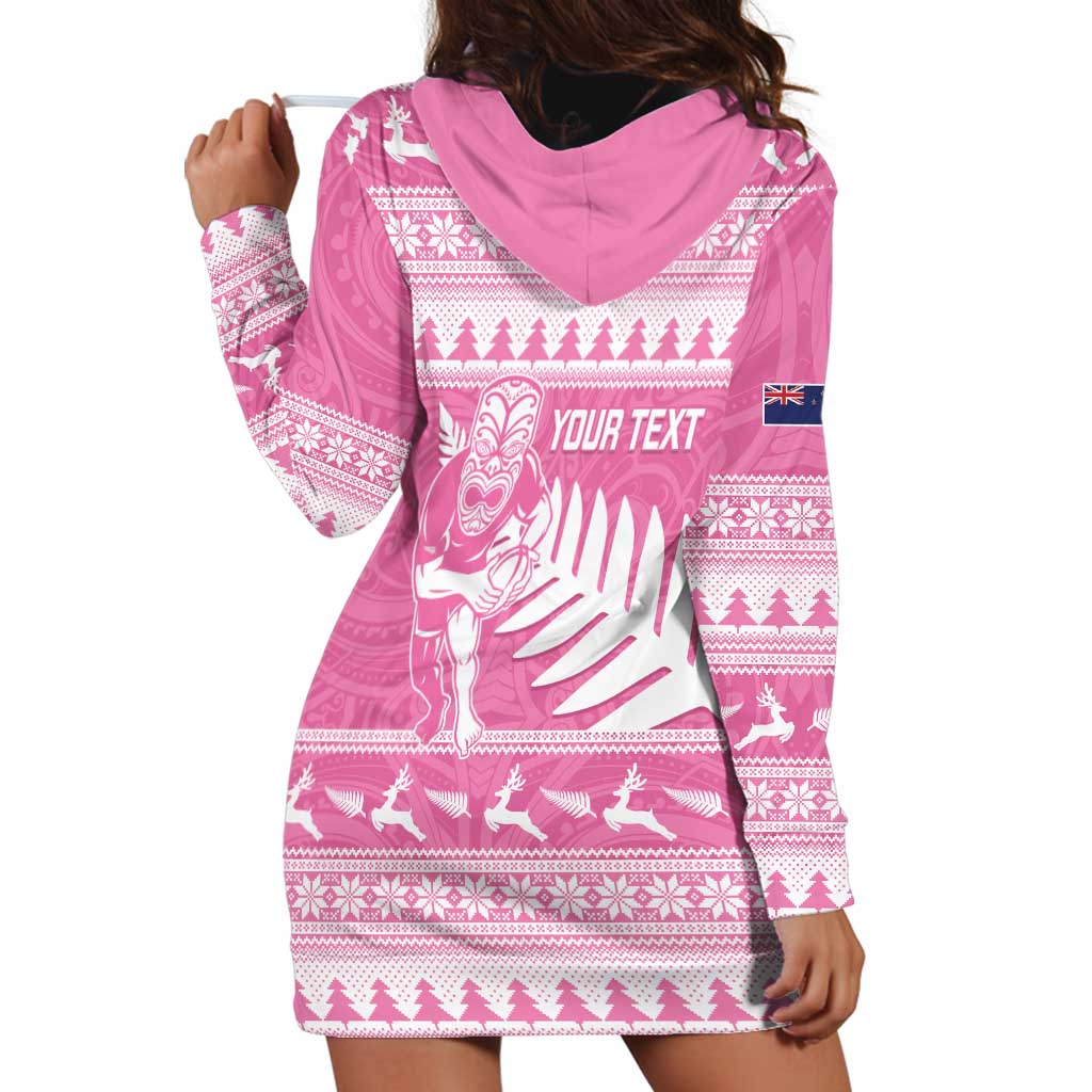 New Zealand Christmas Rugby Personalised Hoodie Dress Meri Kirihimete All Black Maori Pink Version - Aussie Hoodie