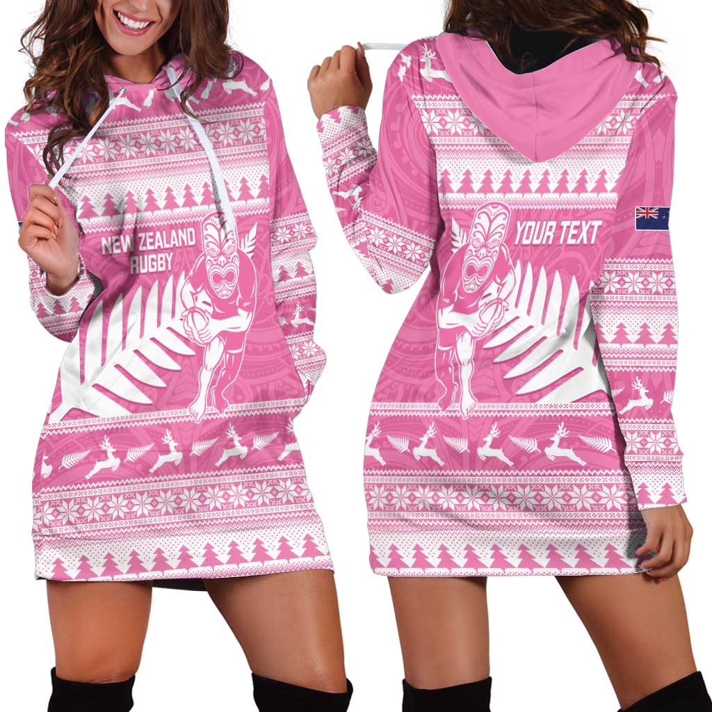 New Zealand Christmas Rugby Personalised Hoodie Dress Meri Kirihimete All Black Maori Pink Version - Aussie Hoodie