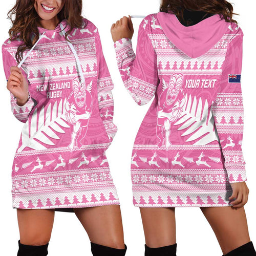 New Zealand Christmas Rugby Personalised Hoodie Dress Meri Kirihimete All Black Maori Pink Version - Aussie Hoodie