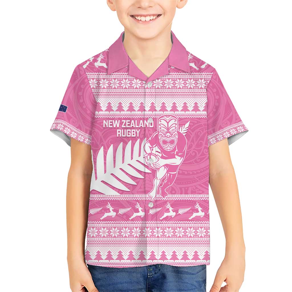 New Zealand Christmas Rugby Personalised Kid Hawaiian Shirt Meri Kirihimete All Black Maori Pink Version - Aussie Hoodie