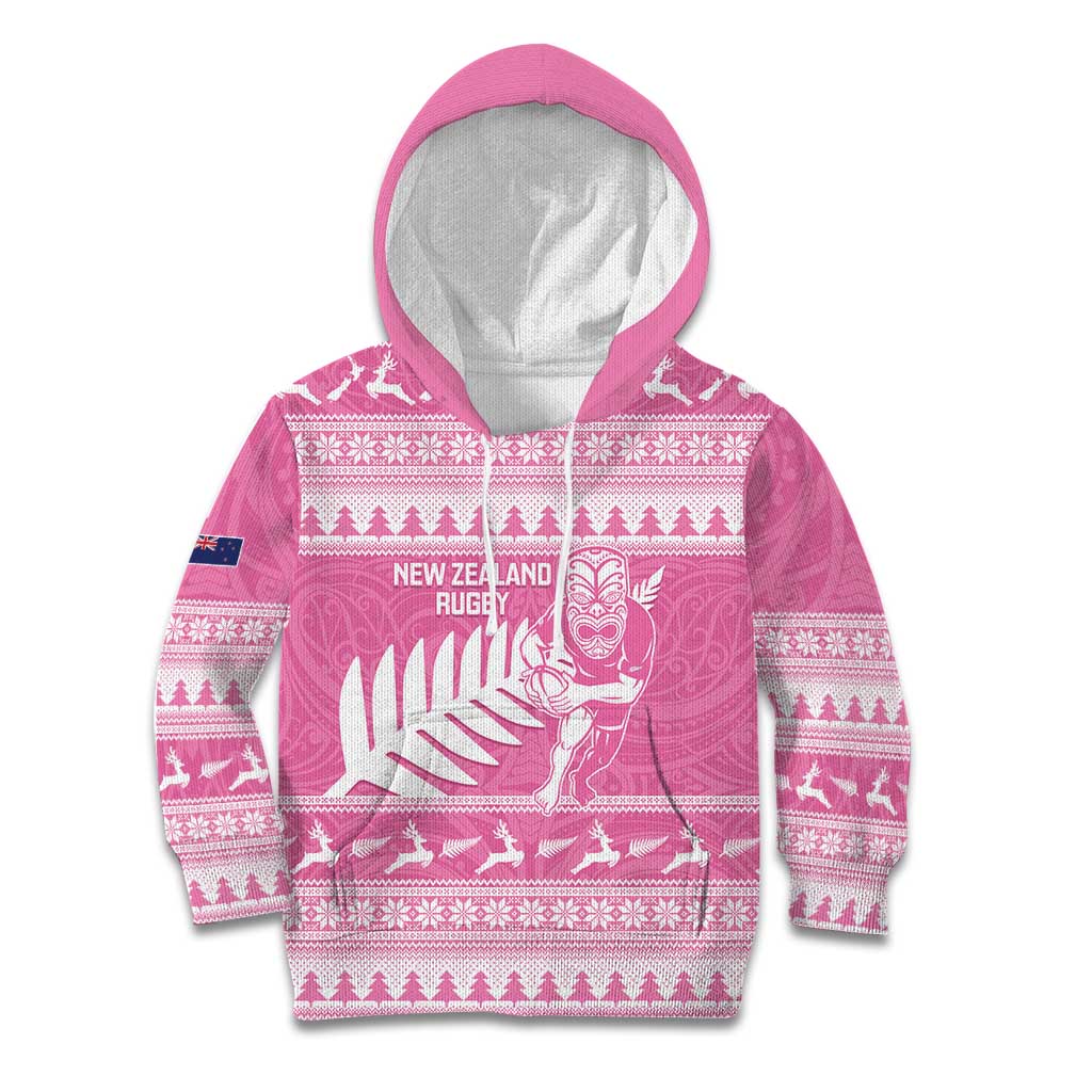 New Zealand Christmas Rugby Personalised Kid Hoodie Meri Kirihimete All Black Maori Pink Version - Aussie Hoodie