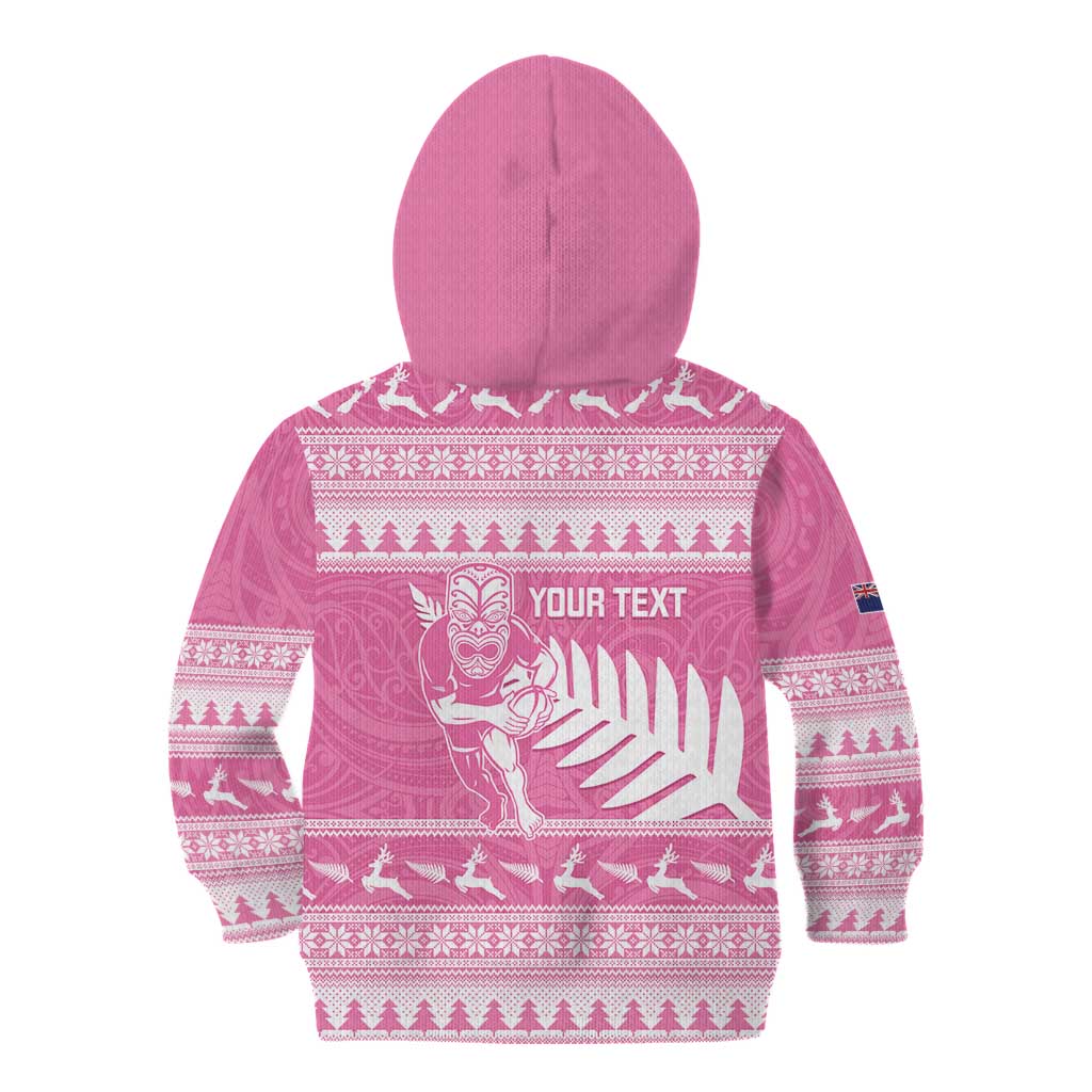 New Zealand Christmas Rugby Personalised Kid Hoodie Meri Kirihimete All Black Maori Pink Version - Aussie Hoodie