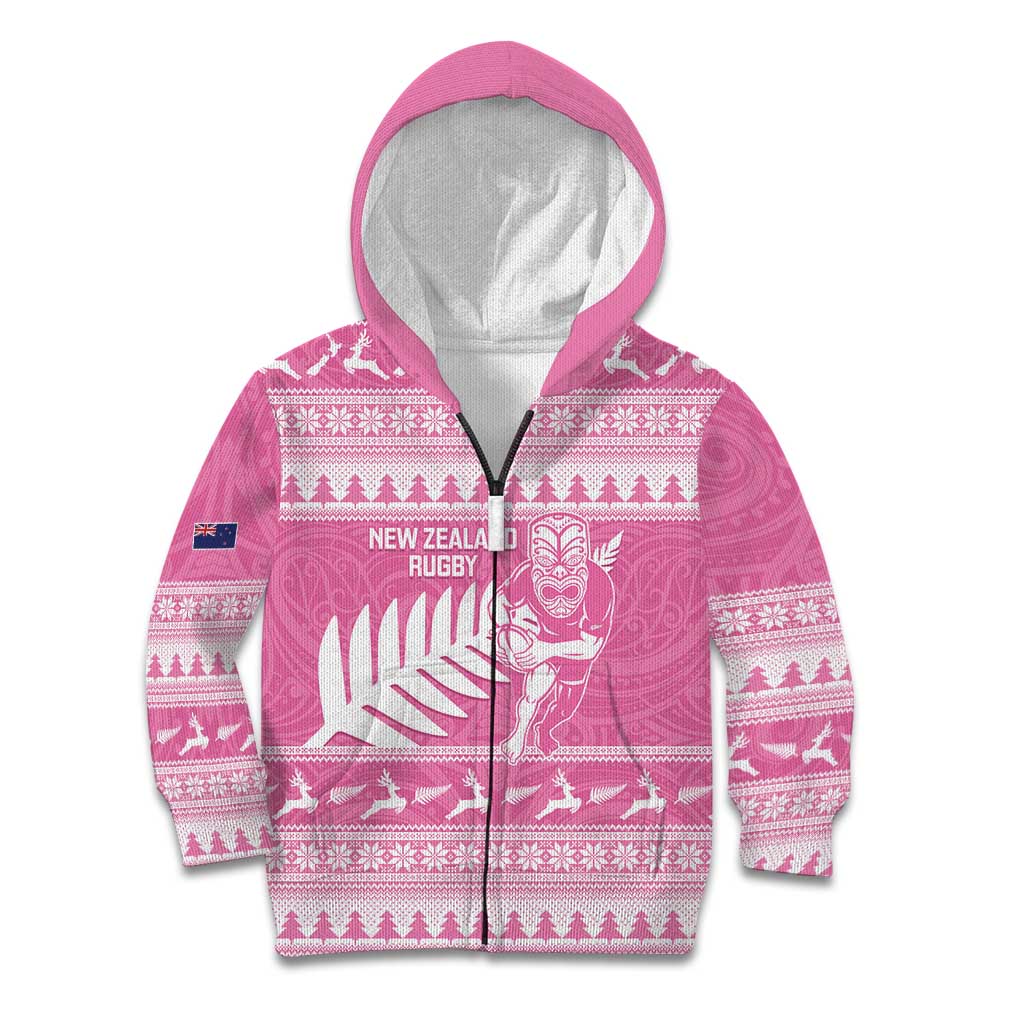New Zealand Christmas Rugby Personalised Kid Hoodie Meri Kirihimete All Black Maori Pink Version - Aussie Hoodie