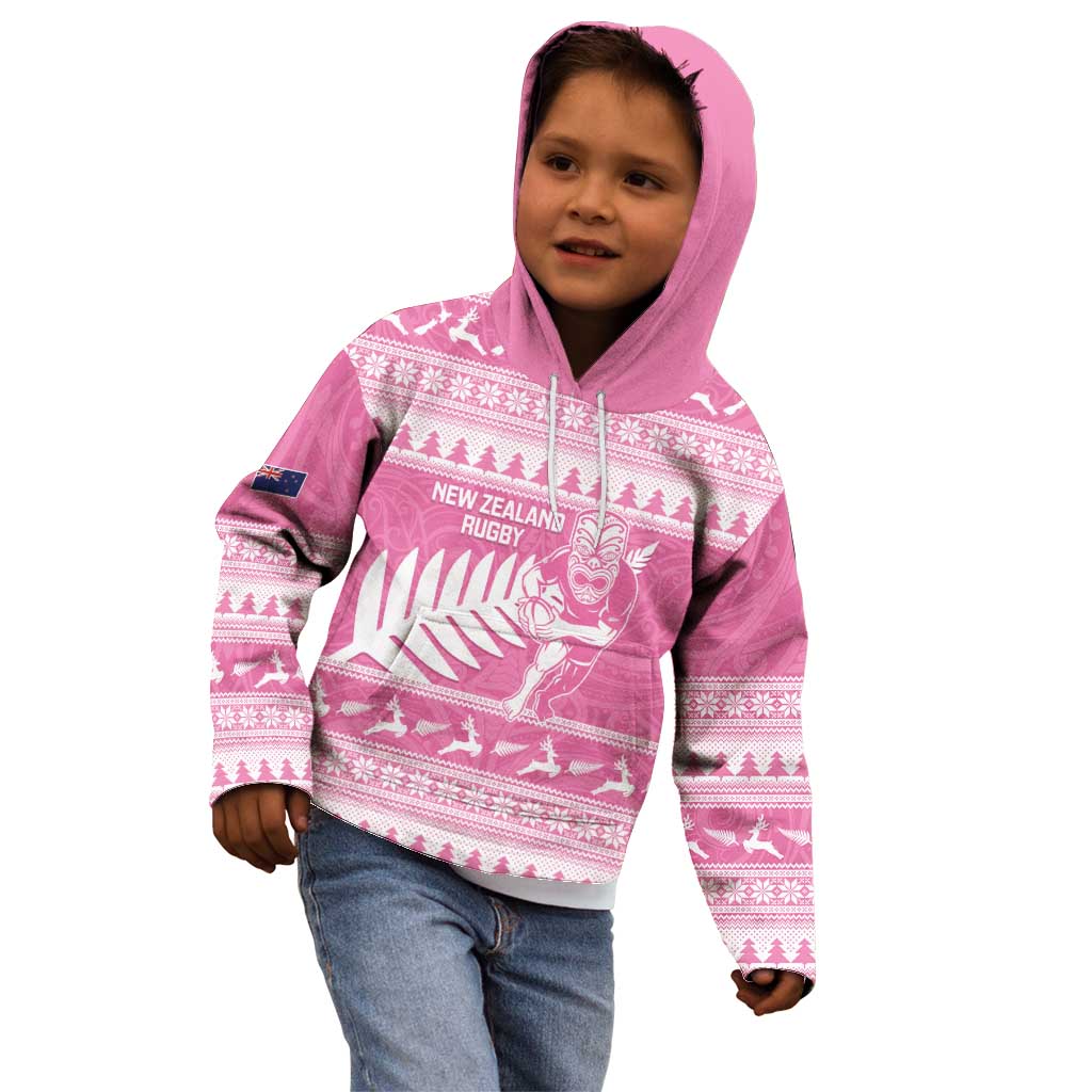 New Zealand Christmas Rugby Personalised Kid Hoodie Meri Kirihimete All Black Maori Pink Version - Aussie Hoodie