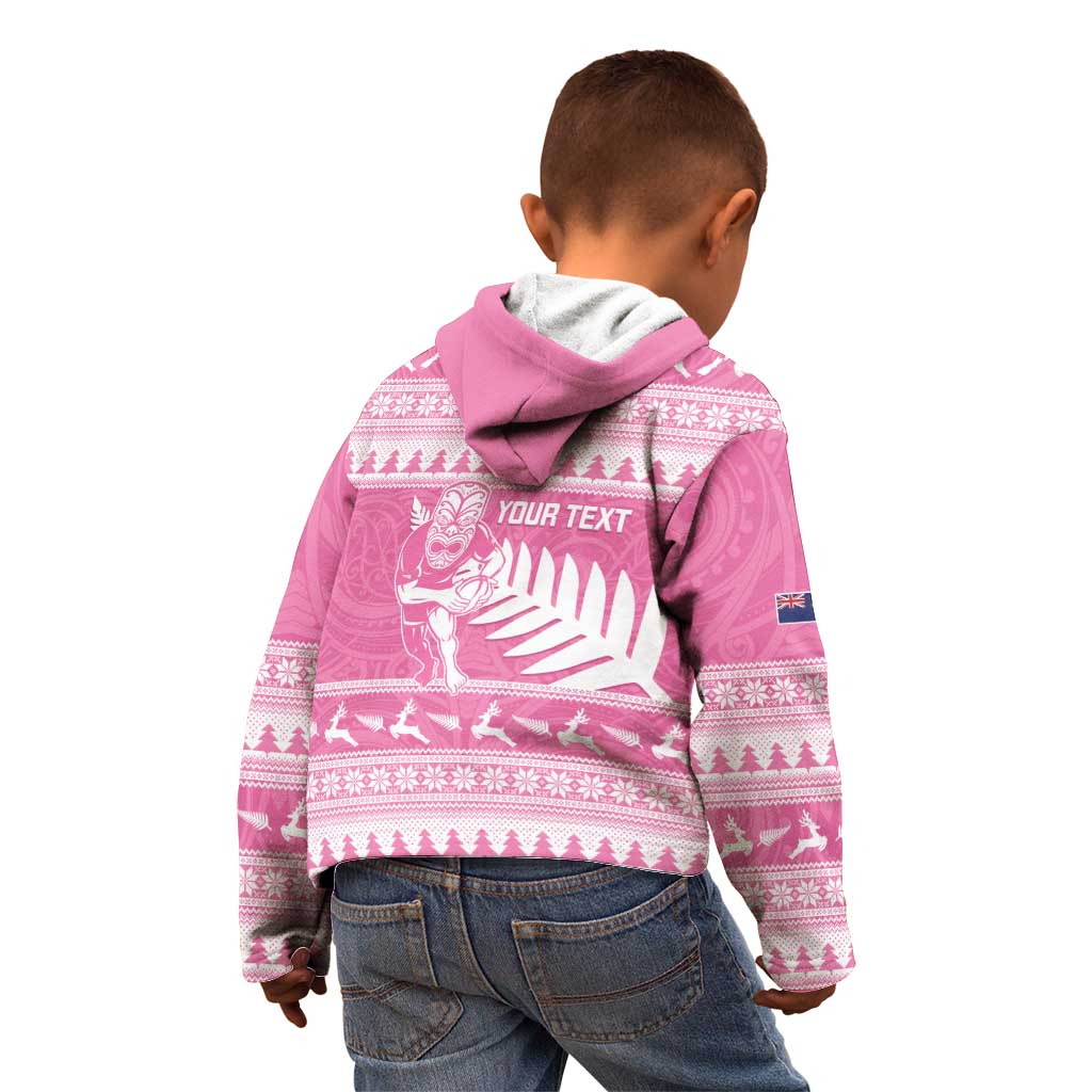 New Zealand Christmas Rugby Personalised Kid Hoodie Meri Kirihimete All Black Maori Pink Version - Aussie Hoodie