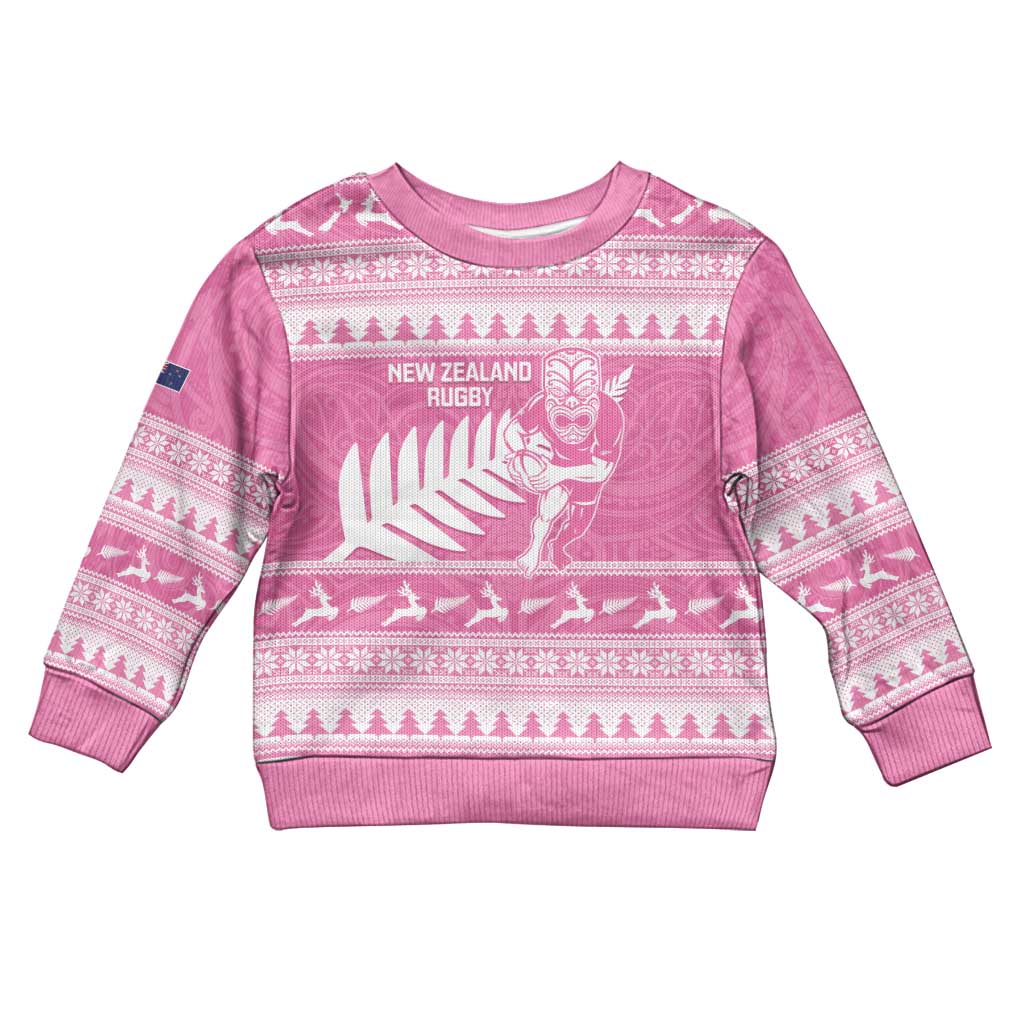 New Zealand Christmas Rugby Personalised Kid Ugly Christmas Sweater Meri Kirihimete All Black Maori Pink Version - Aussie Hoodie