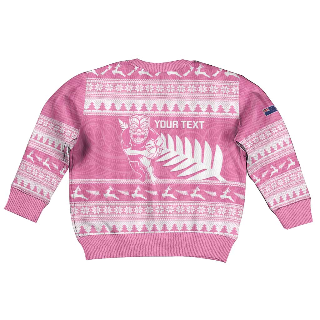 New Zealand Christmas Rugby Personalised Kid Ugly Christmas Sweater Meri Kirihimete All Black Maori Pink Version - Aussie Hoodie
