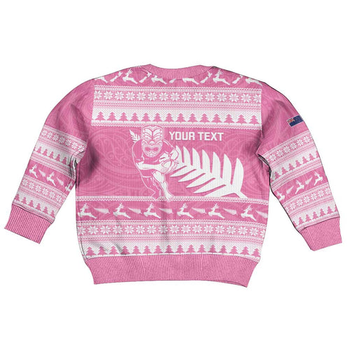 New Zealand Christmas Rugby Personalised Kid Ugly Christmas Sweater Meri Kirihimete All Black Maori Pink Version - Aussie Hoodie