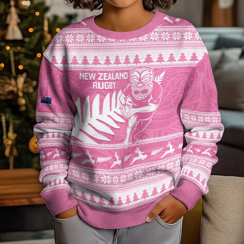 New Zealand Christmas Rugby Personalised Kid Ugly Christmas Sweater Meri Kirihimete All Black Maori Pink Version - Aussie Hoodie