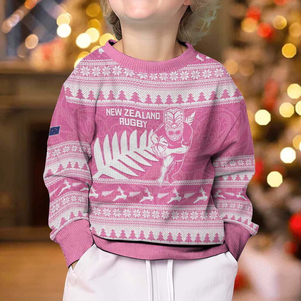 New Zealand Christmas Rugby Personalised Kid Ugly Christmas Sweater Meri Kirihimete All Black Maori Pink Version - Aussie Hoodie