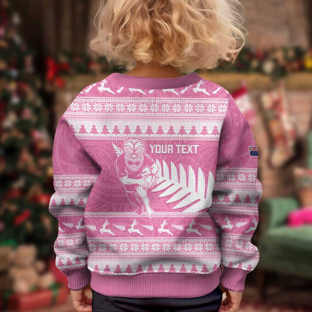 New Zealand Christmas Rugby Personalised Kid Ugly Christmas Sweater Meri Kirihimete All Black Maori Pink Version - Aussie Hoodie