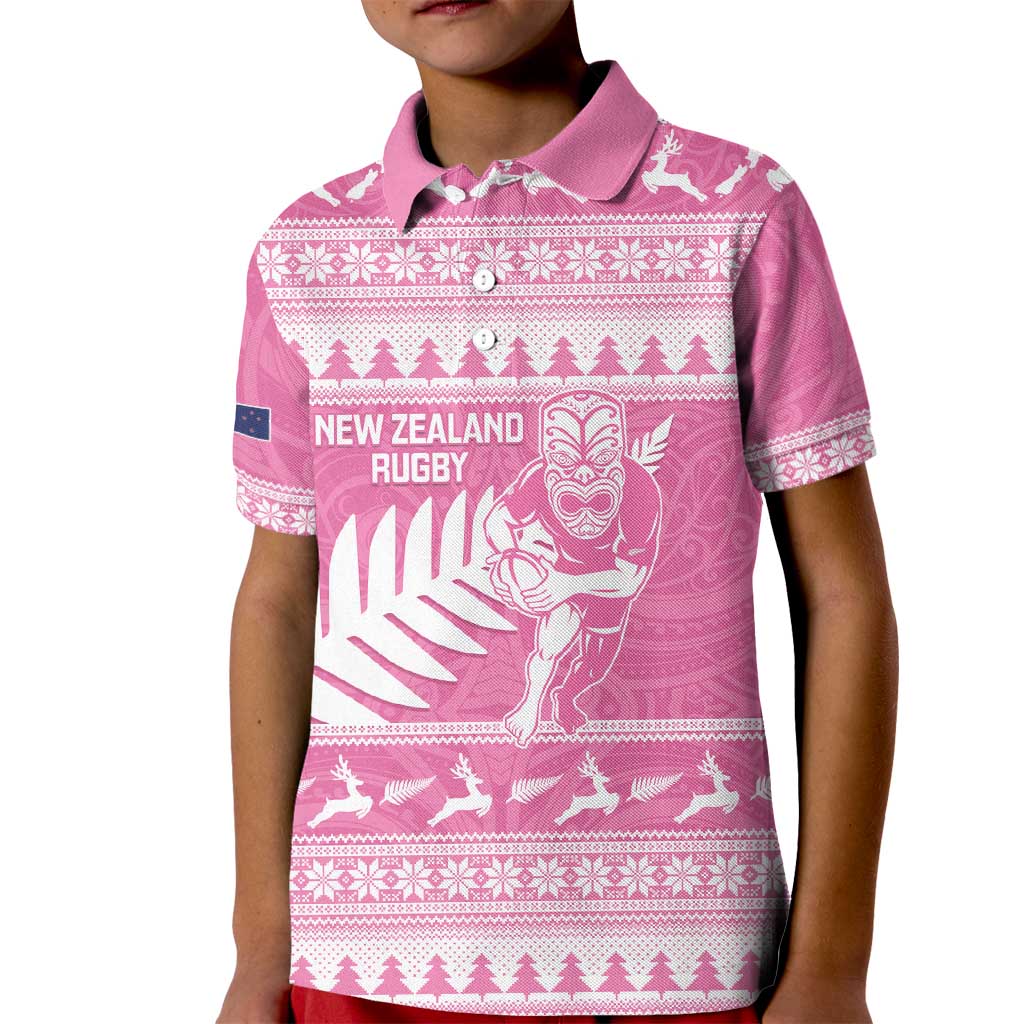 New Zealand Christmas Rugby Personalised Kid Polo Shirt Meri Kirihimete All Black Maori Pink Version - Aussie Hoodie