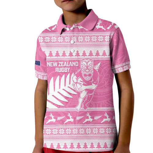 New Zealand Christmas Rugby Personalised Kid Polo Shirt Meri Kirihimete All Black Maori Pink Version - Aussie Hoodie