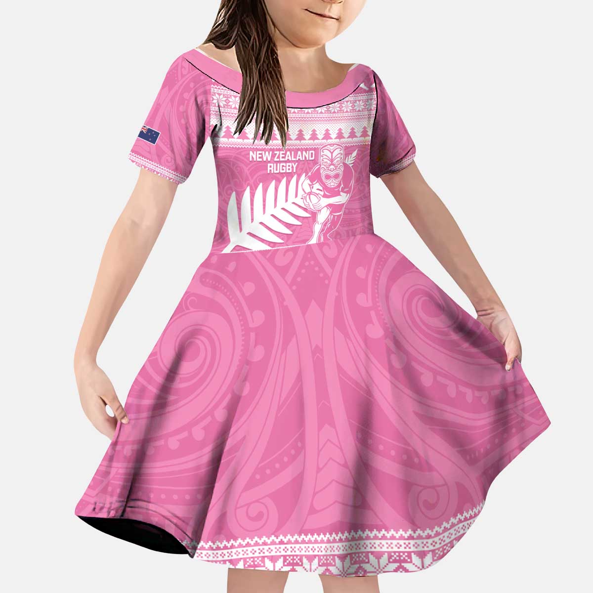 New Zealand Christmas Rugby Personalised Kid Short Sleeve Dress Meri Kirihimete All Black Maori Pink Version - Aussie Hoodie