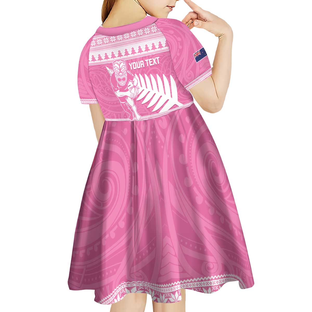 New Zealand Christmas Rugby Personalised Kid Short Sleeve Dress Meri Kirihimete All Black Maori Pink Version - Aussie Hoodie
