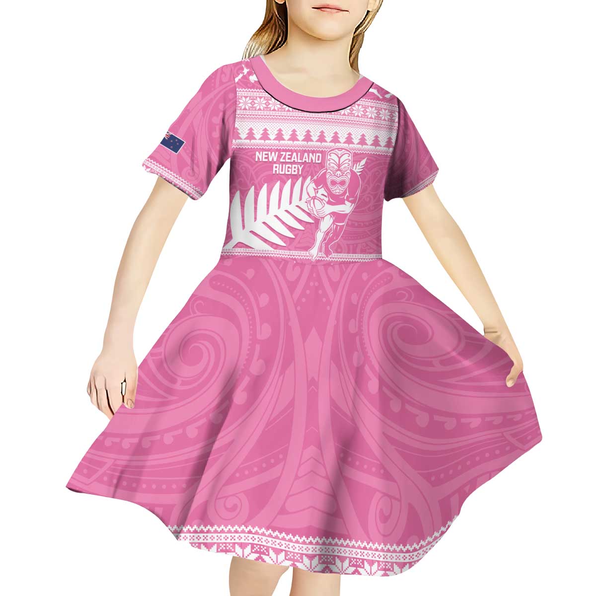 New Zealand Christmas Rugby Personalised Kid Short Sleeve Dress Meri Kirihimete All Black Maori Pink Version - Aussie Hoodie