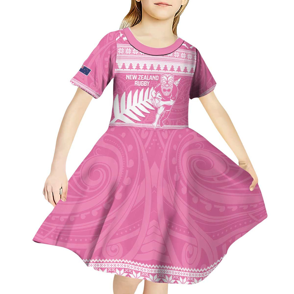 New Zealand Christmas Rugby Personalised Kid Short Sleeve Dress Meri Kirihimete All Black Maori Pink Version - Aussie Hoodie