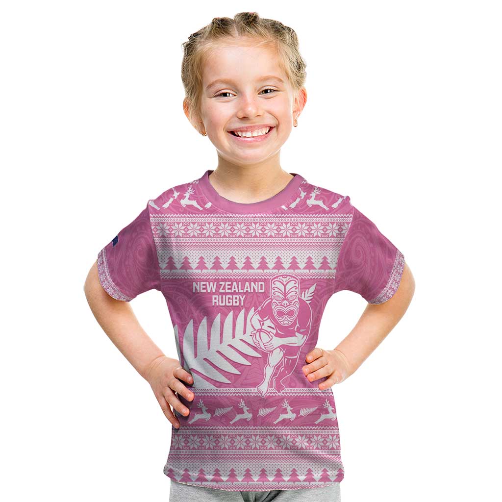 New Zealand Christmas Rugby Personalised Kid T Shirt Meri Kirihimete All Black Maori Pink Version - Aussie Hoodie