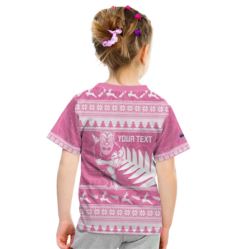 New Zealand Christmas Rugby Personalised Kid T Shirt Meri Kirihimete All Black Maori Pink Version - Aussie Hoodie